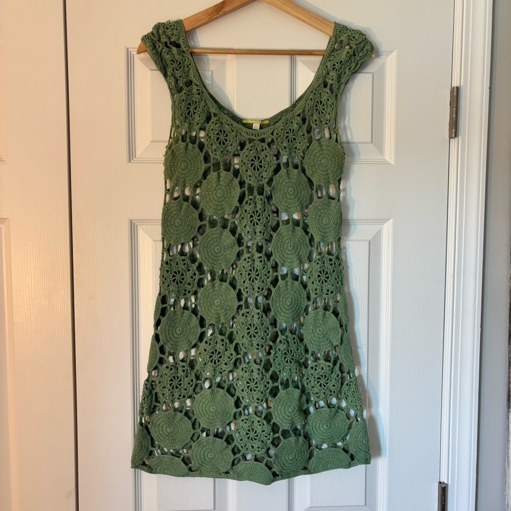 Vintage Gianni Bini Kelly Green Crochet Dress Swim Coverup Summer Boho L Concert